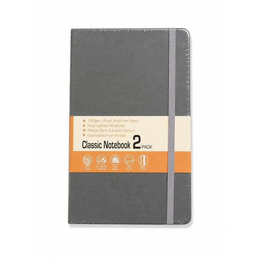 LY Tek Classic Notebook 2 Pack Grey Faux Leather Hardcover Ruled 120gsm Paper